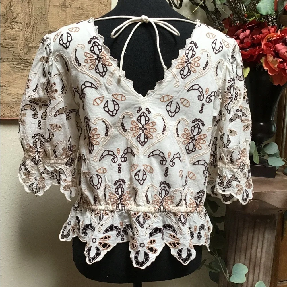 Anthropologie White and Brown Embroidered Blouse